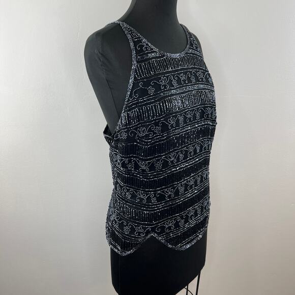 VINTAGE Stenay Black Gray Beaded Silk High Neck Tank Sparkle Scalloped VTG XL - Picture 3 of 8